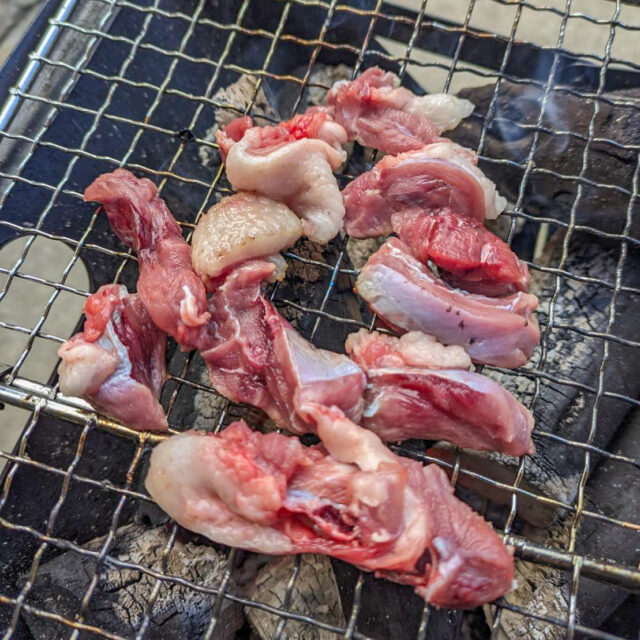 炭火で焼かれる猪肉