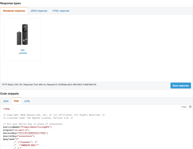 Amazonアソシエイトのアクセスキーとシークレットキーを使用して取得したPHPコード